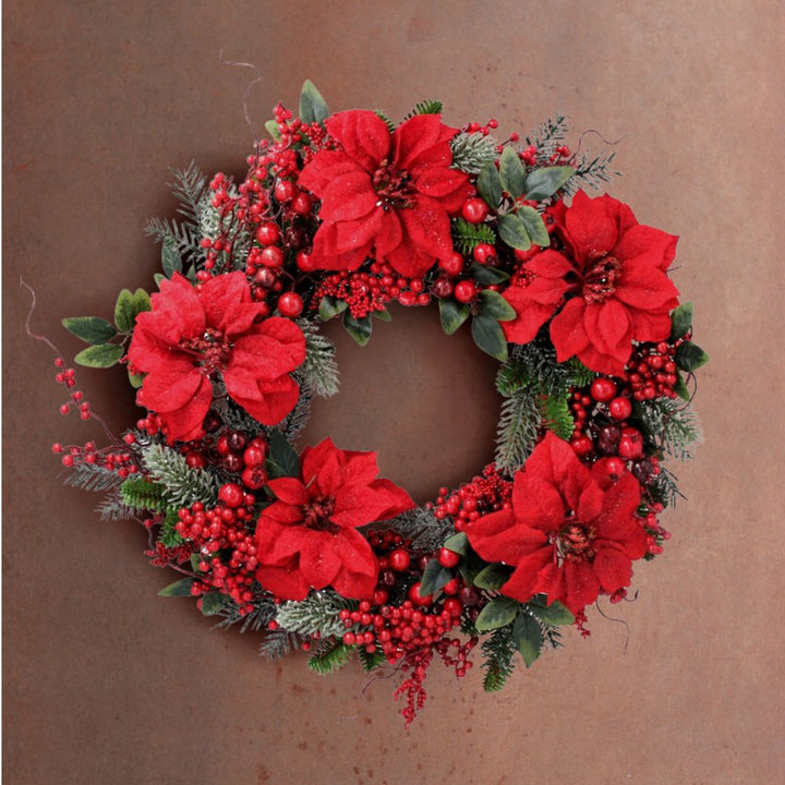 Red Fir Wreath with Poinsettia and Berries Gisela Graham