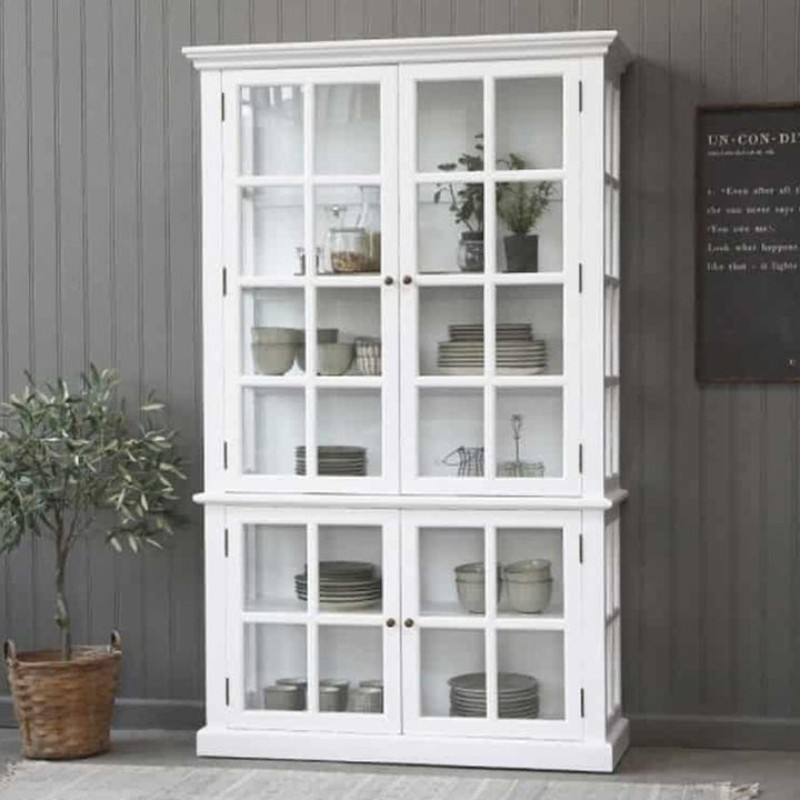 Display Cabinet with 4 Doors Shelves in White Chic Antique