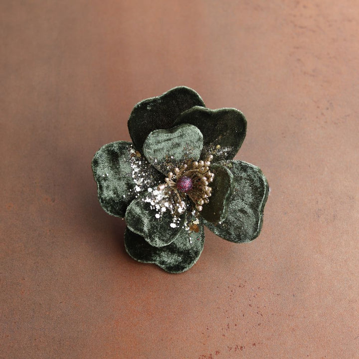 Clip on Flower Tree Decoration - Green Fabric/Gold Magnolia Gisela Graham